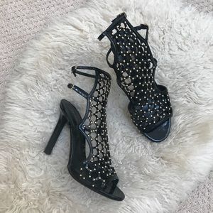 Tamara Mellon Black Leather Strap Studded Heels